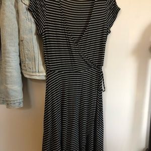Black and white pinstripe wrap dress